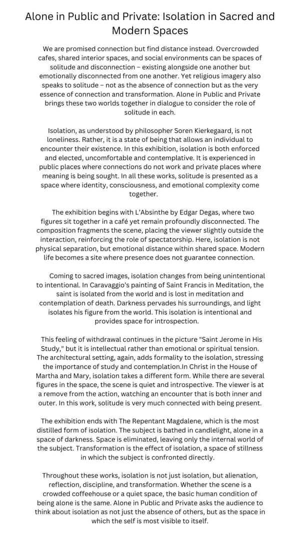 Alone in Public and Private: Isolation in Sacred and Modern Spaces