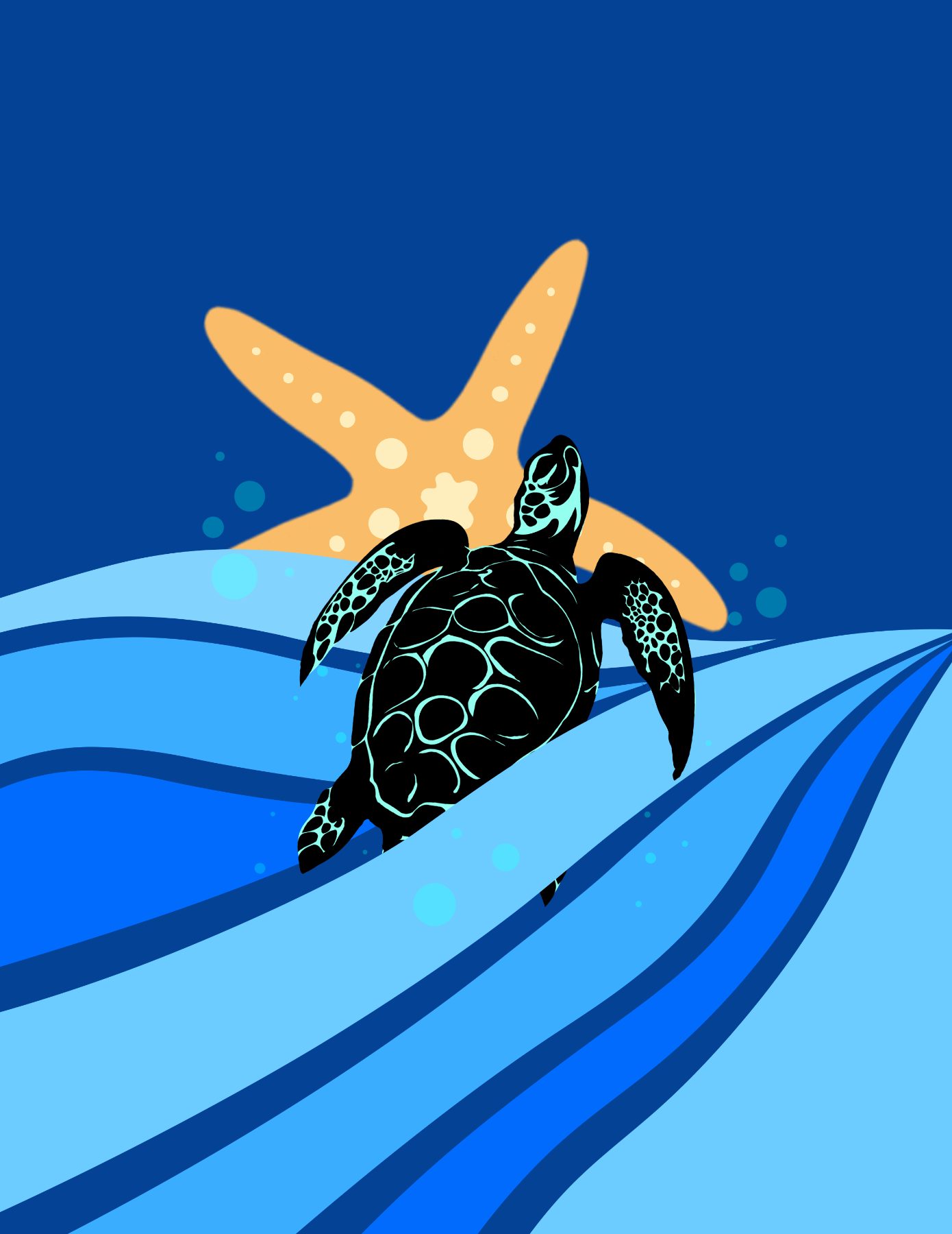 Turtle and Starfish in the Waves