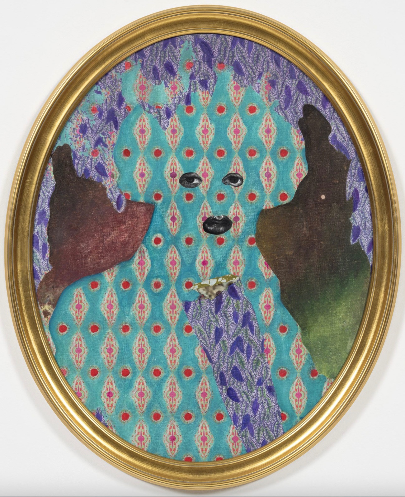 Shaded by Trees, 2020 David Shrobe. Acrylic, ink and African print fabric on canvas in gold leaf wood frame behind glass 34 x 27 x 2 inches 