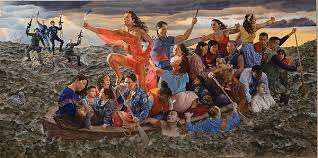 Wooden Boat People: Resurgence of the People, Kent Monkman, acrylic on canvas, 2019