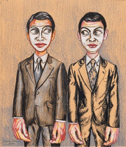 Untitled from the Mask series, 1999, Zeng Fanzhi, colour pencil and crayon on paper,  colour pencil and crayon on paper, 16.5 x 14 cm.