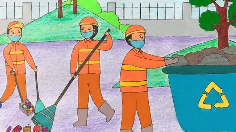 Tác giả Khánh Vy Tên tranh Bảo vệ môi trường hình ảnh các cô chú dọn dẹp đường phố.