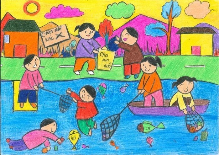Tác giả Hoàng Long Vẽ tranh Cùng nhau bảo vệ nguồn nước quê em