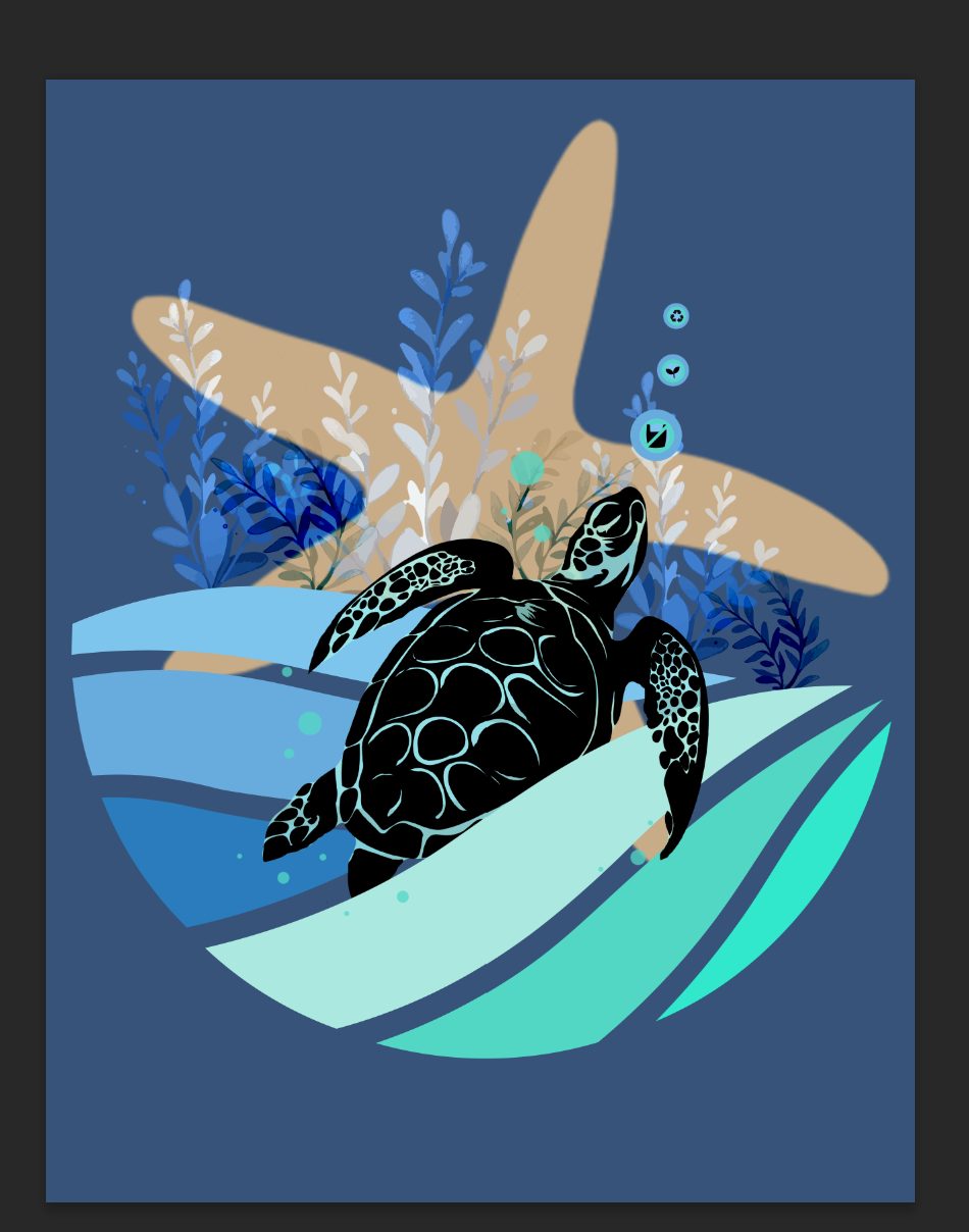 Turtle and Starfish Underwater