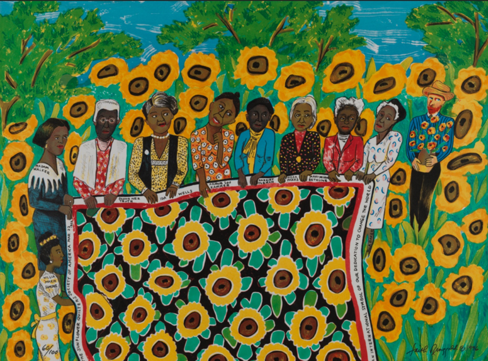 The Sunflower Quilting Bee at Arles, 1991 Faith Ringgold. Acrylic on canvas with a pieced fabric border 22.5 in x 30 in