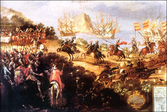 The Arrival of Cortes in Veracruz and the Reception by Moctezuma's Ambassadors by Unknown, second half of 17th century, oil on Canvas 120 x 200 cm (47.2 x 78.7 in)