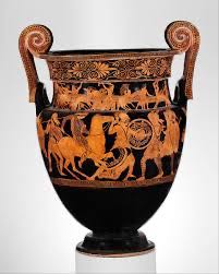 Terracotta volute-krater (bowl for mixing wine and water) Artist: Attributed to the Painter of the Woolly Satyrs Date: ca. 450 BCE Medium: Terracotta; red-figure