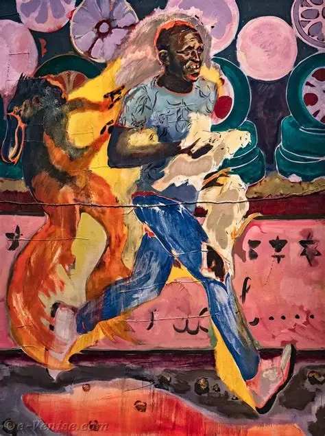 The Chicken Thief, 2019 Micheal Armitage. 200 x 150cm. Oil paint on Lubugo bark cloth.