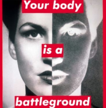 Untitled (Your body is a battleground), Barbara Kruger, 1989, photographic silkscreen on vinyl 112 x 112 in. (284.48 x 284.48 cm)