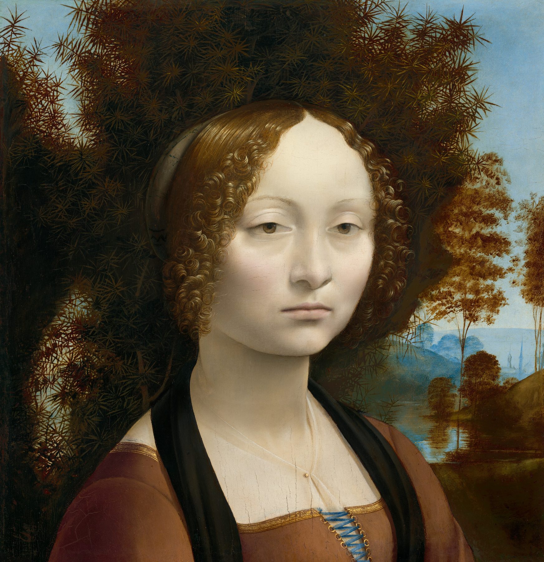 Title: Ginevra de' Benci, Artist: Leonardo da Vinci, Year: c. 1474-1478, Medium: Oil on panel