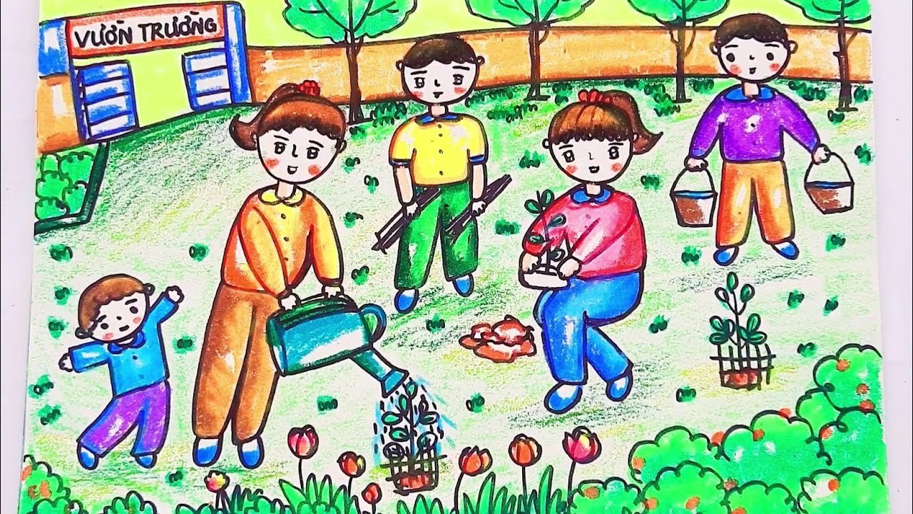 Tác giả Cát Tiên Vẽ tranh Chúng em chăm sóc cây trong trường