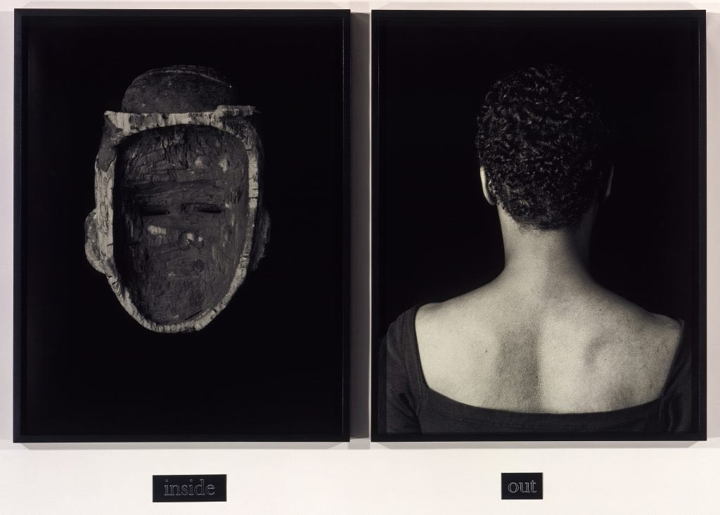 Lorna Simpson, Flipside, 1991. Gelatin silver prints and engraved plastic plaque, diptych 51 1/2 x 70 inches (130.8 x 177.8 cm) 