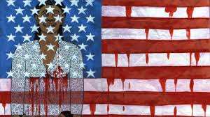 Faith Ringgold, The Flag is Bleeding #2, 1997. Acrylic on canvas with pieced border