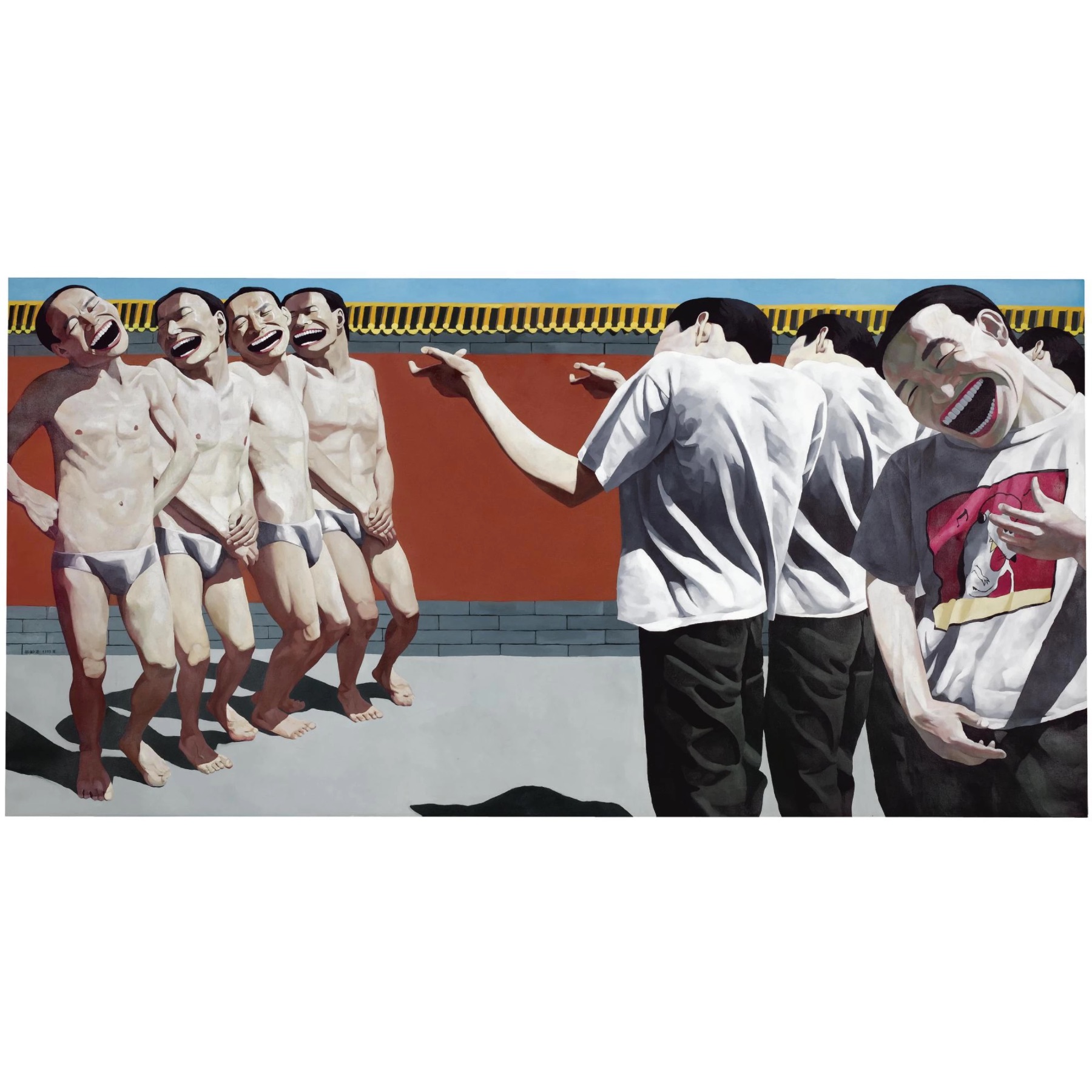 Yue Minjun - Execution (1995) oil on canvas 150 by 300cm. 59 by 118in.