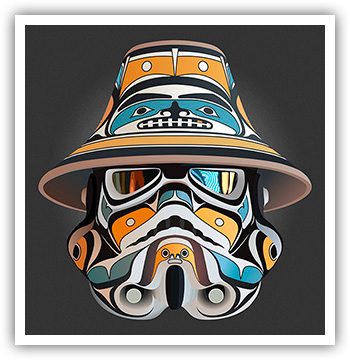 Andy Everson - "Northern Warrior" (2015): acrylic-painted Star Wars stormtrooper helmet replica (unclear origin), with painted maple wood conical hat