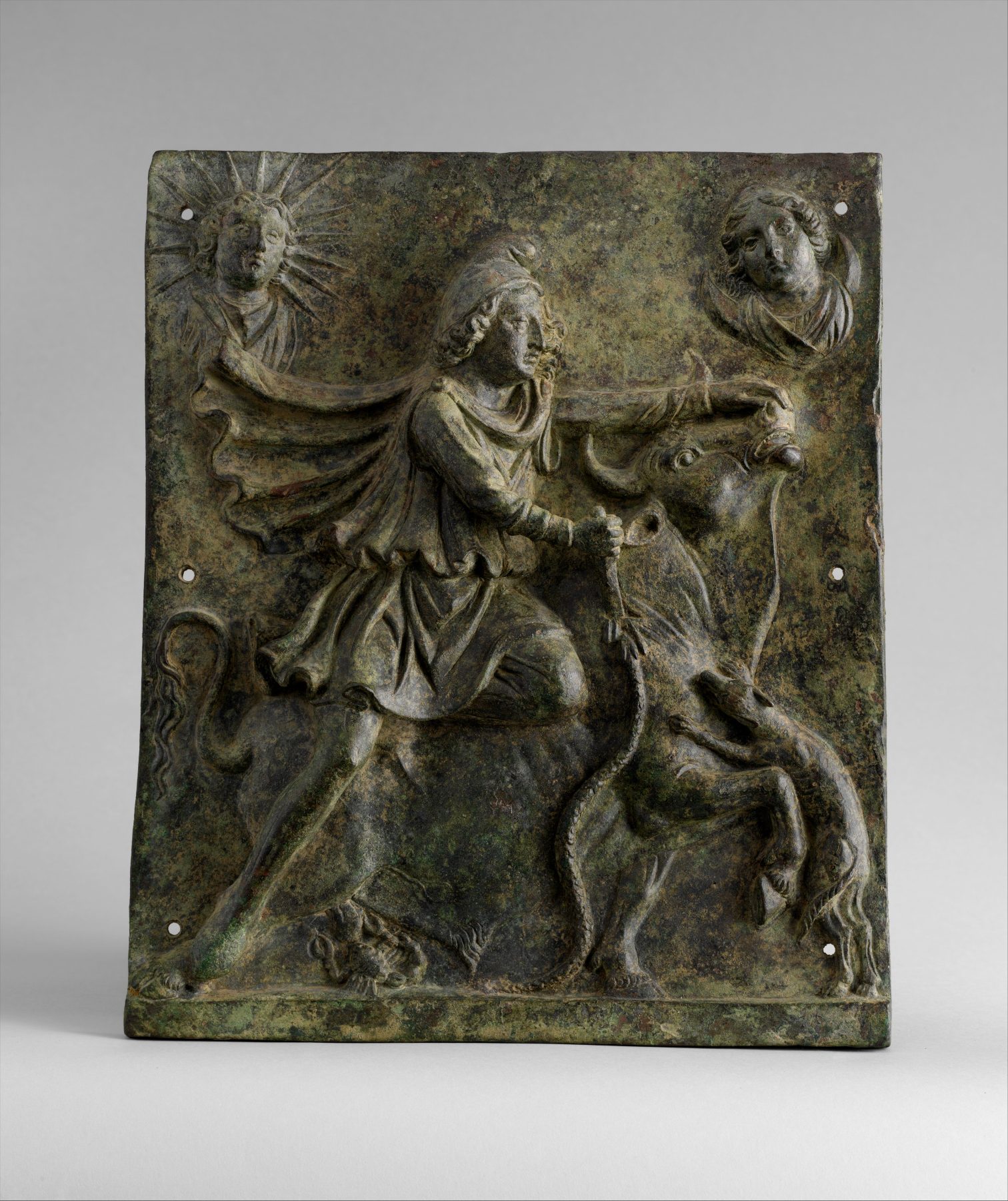 Bronze plaque of Mithras slaying the bull, mid-2nd–early 3rd century CE, Overall: 14 x 11 5/8 x 1 3/4 in. (35.6 x 29.5 x 4.4 cm), Metropolitan Museum of Art, New York, NY, USA.