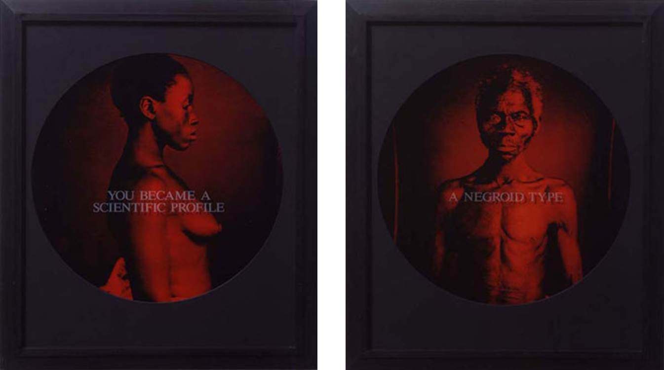 From Here I Saw What Happened and I Cried 1995-96 by Carrie Mae Weems, Chromogenic prints with sandblasted text on glass 26.75x22in