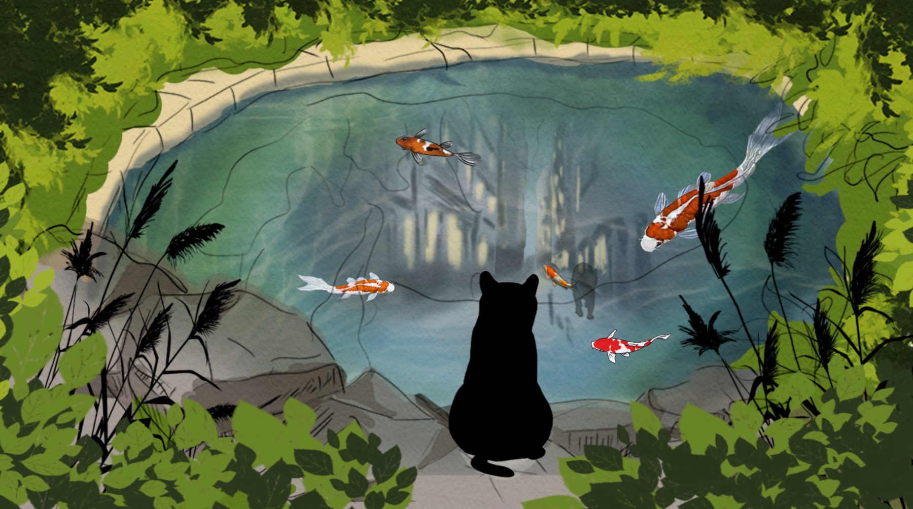 Cat Watching Koi Pond