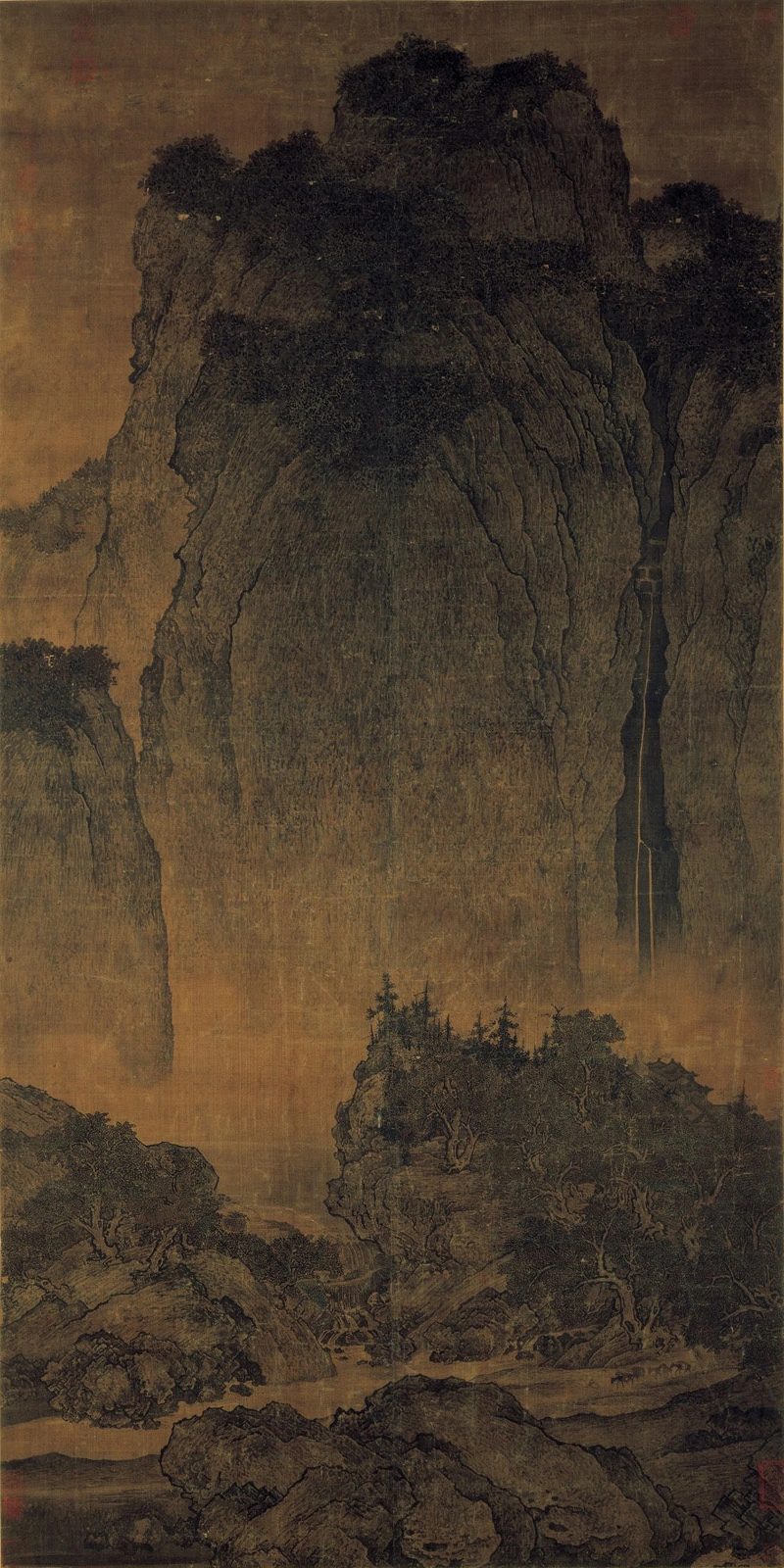 Travelers among mountains and streams, 1000 CE Fan Kuan, Ink on silk hanging scroll 