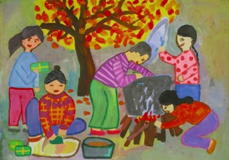 Tác giả Thanh Hưng Xóm em quây quần nấu bánh chưng bên nhau