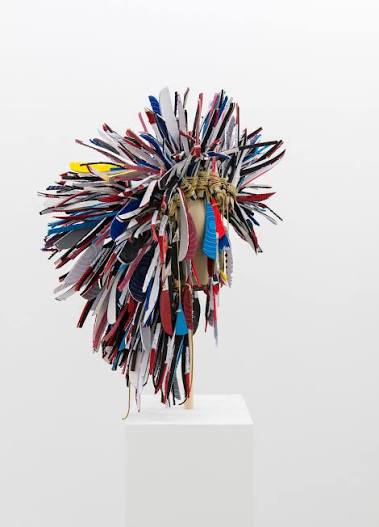 Brian Jungen - "Warrior 2" (2017): Nike Air Jor­dans, hide glue, deerskin, 77 x 29 x 24 in. (196 x 74 x 61 cm)
