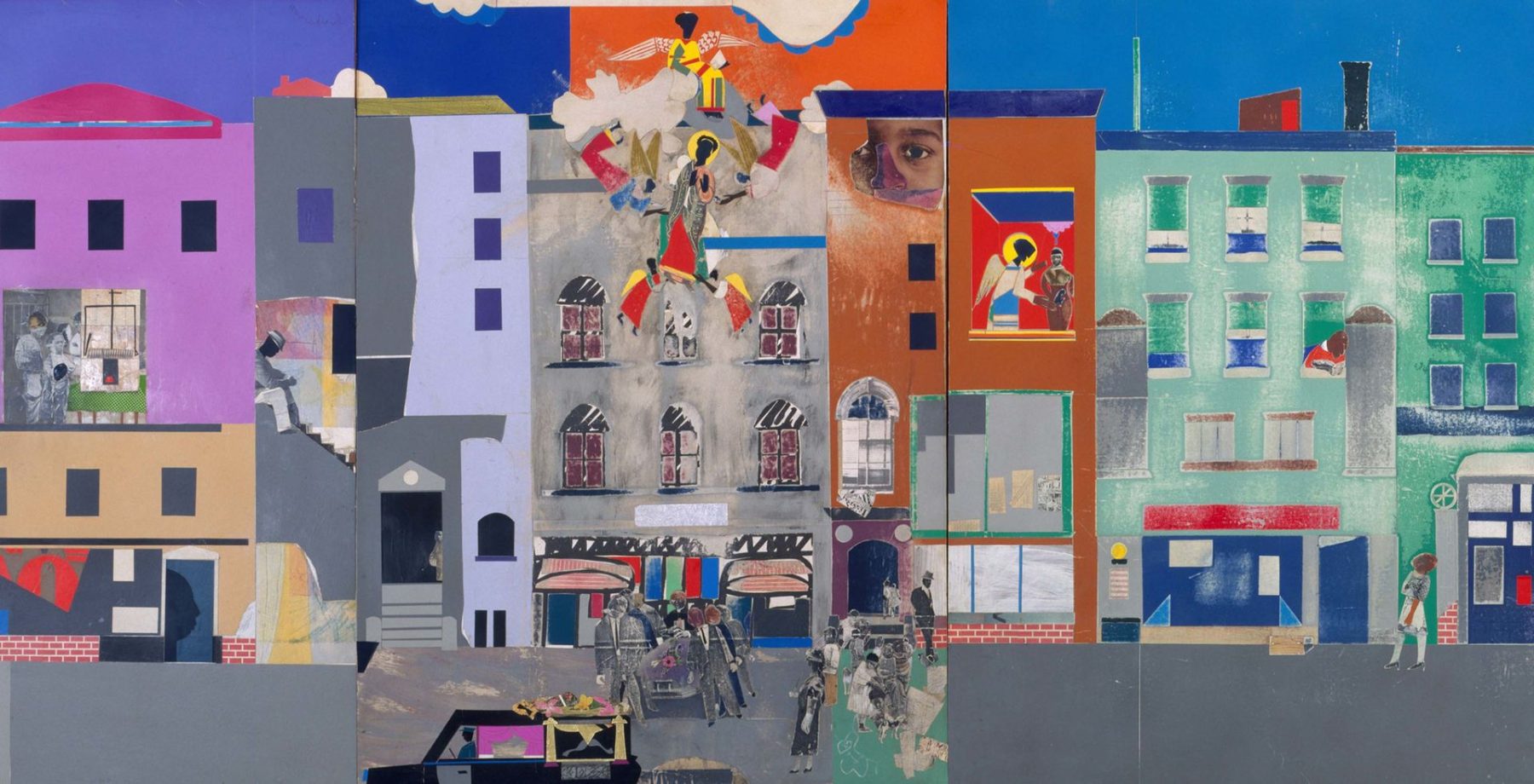 The Block, Romare Bearden, 1971. Cut and torn, pasted, printed, colored and painted papers, metallic papers, graphite, porous point pen, watercolor, gouache, and ink on Masonite.