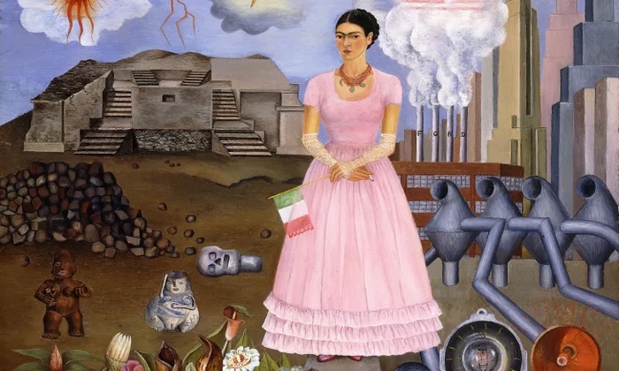 Self Portrait Along the Borderline Between Mexico and the United States by Frida Kahlo, 1932, oil on metal, 31 x 35 cm (12.2 x 13.8 inches)