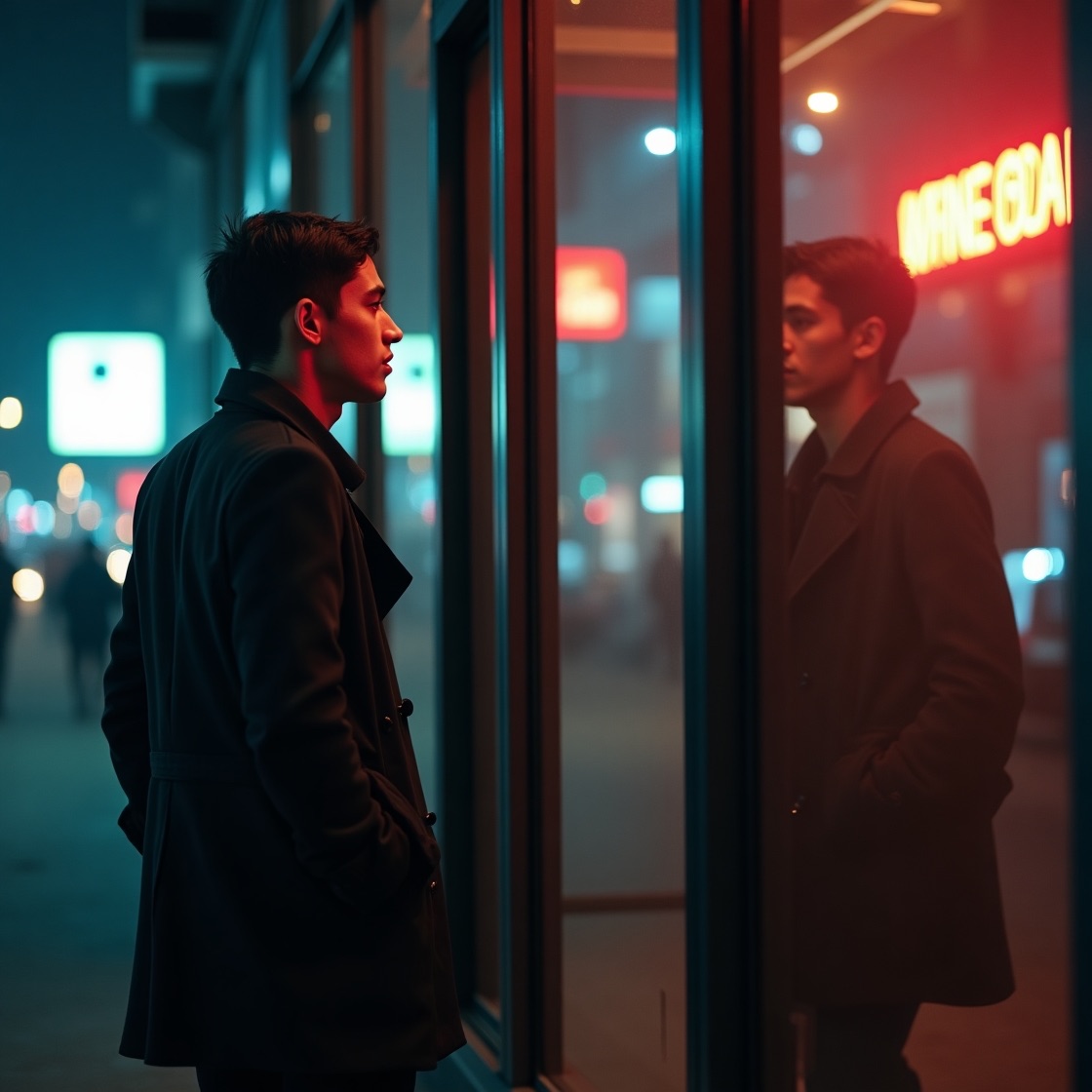 Flux Dev A young man in a dark coat walking past a glass windo 2