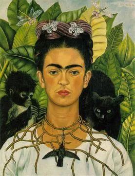 Frida kahlos self portriat with thorn necklace and hummingbird 