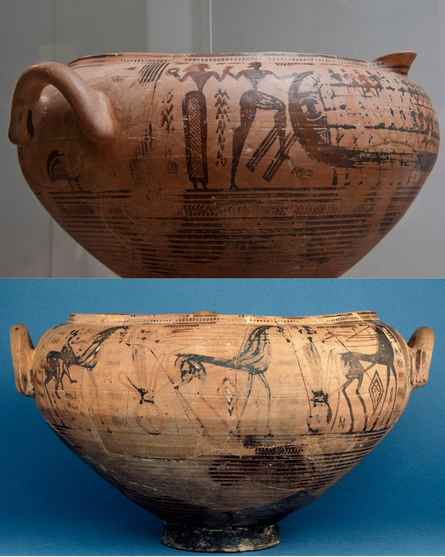 Late Geometric Attic spouted krater (vessel for mixing water and wine), possibly from Thebes, c. 730 B.C.E., 30.5 cm high (The British Museum, London), photo: Egisto Sani