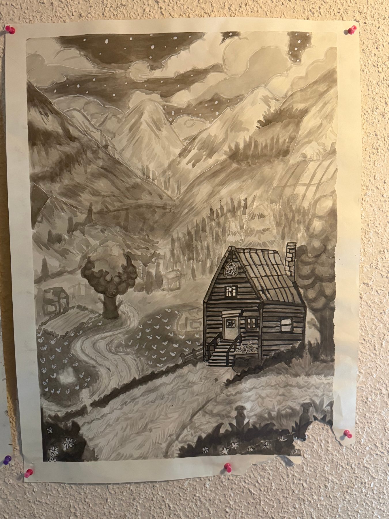 Cozy Cabin, Aspyn Black, 2024, ink wash   23 x 16 in