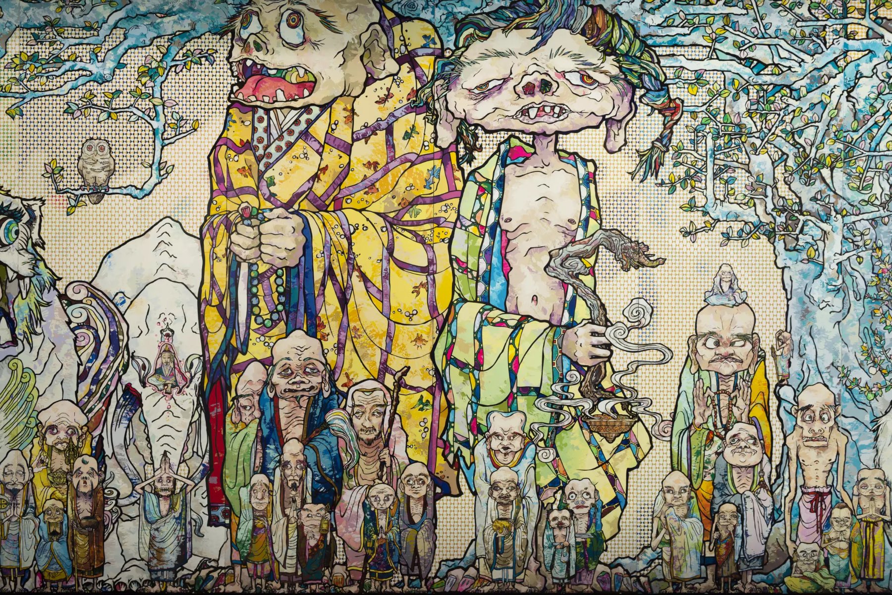 Takashi Murakami 69 Arhats beneath the Bodhi Tree (2013) gold leaf, and platinum leaf on canvas mounted on board; 10 panels, overall: 118 1/8 x 393 ¾ in. (300 x 1,000 cm)
