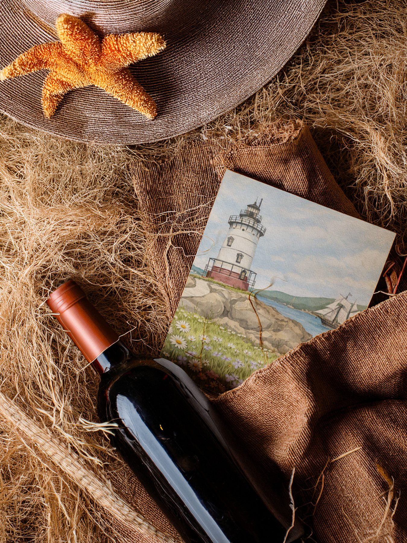 Lighthouse Postcard and Wine Bottle