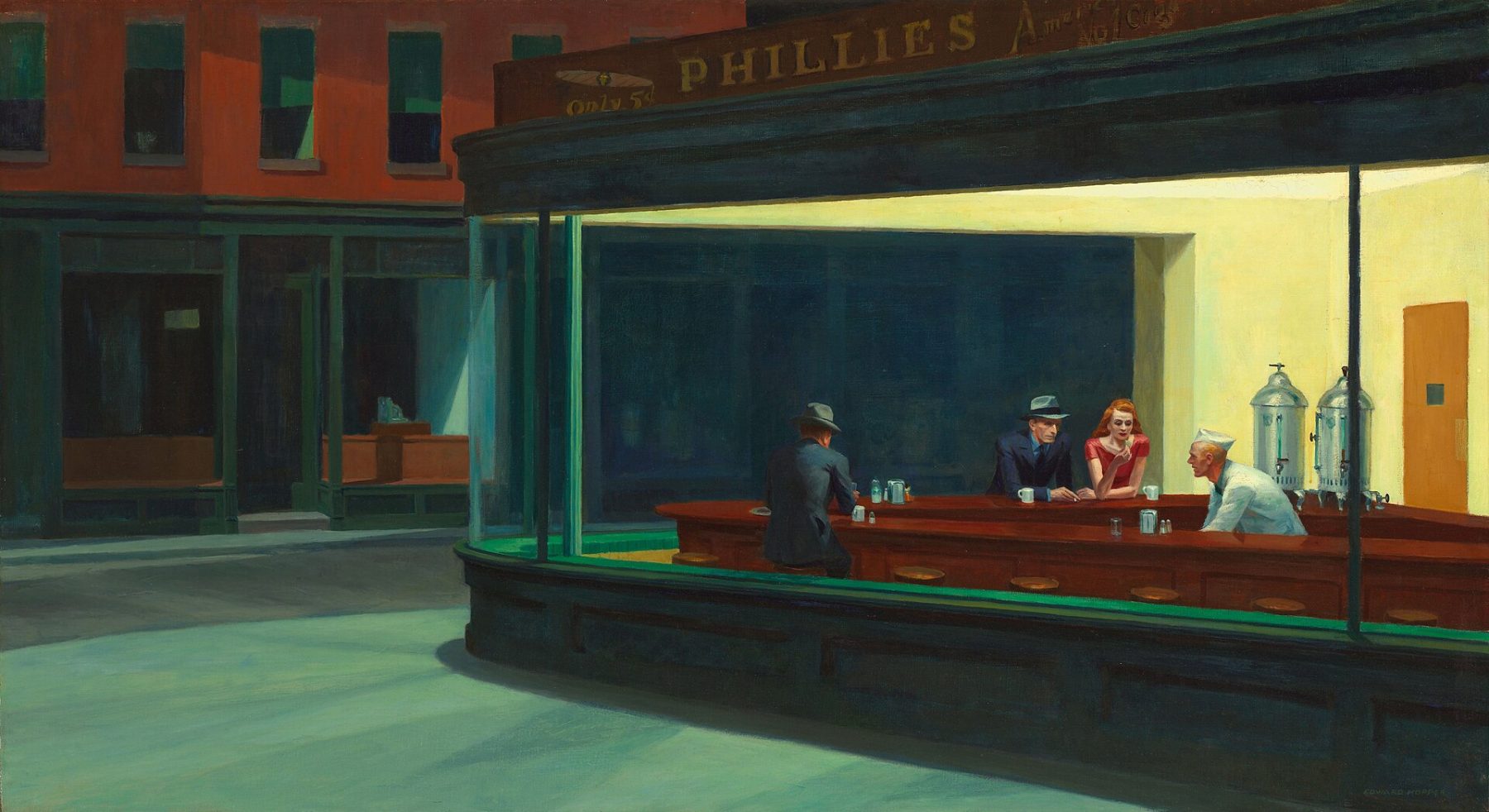Nighthawks, 1942, Edward Hopper, Oil on canvas, 33.1 × 60 in. (84.1 × 152.4 cm).