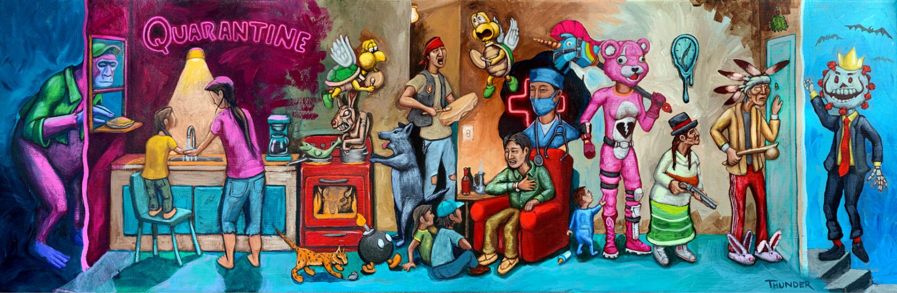Jonathan Thunder - "Quarantine at Gramma's House" (2020): acrylic on canvas